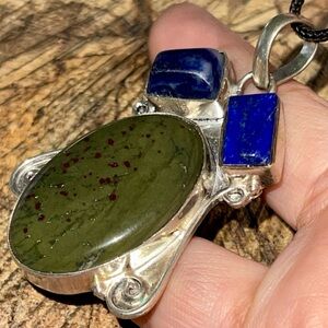 Lapis Lazuli & Bloodstone Jasper Pendant 2 1/4”